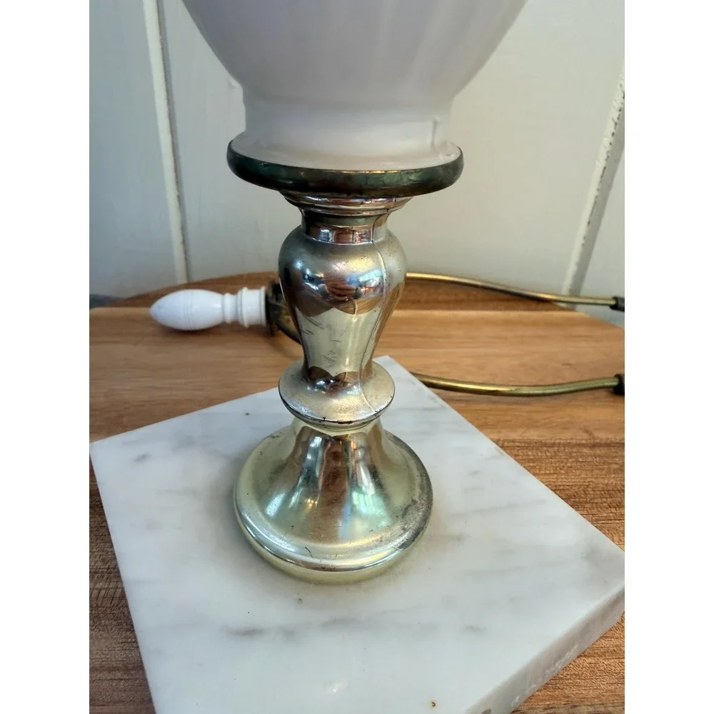 Vintage Frosted Satin Glass Table Lamp White Marble Base MCM Neoclassical White - Picture 12 of 16